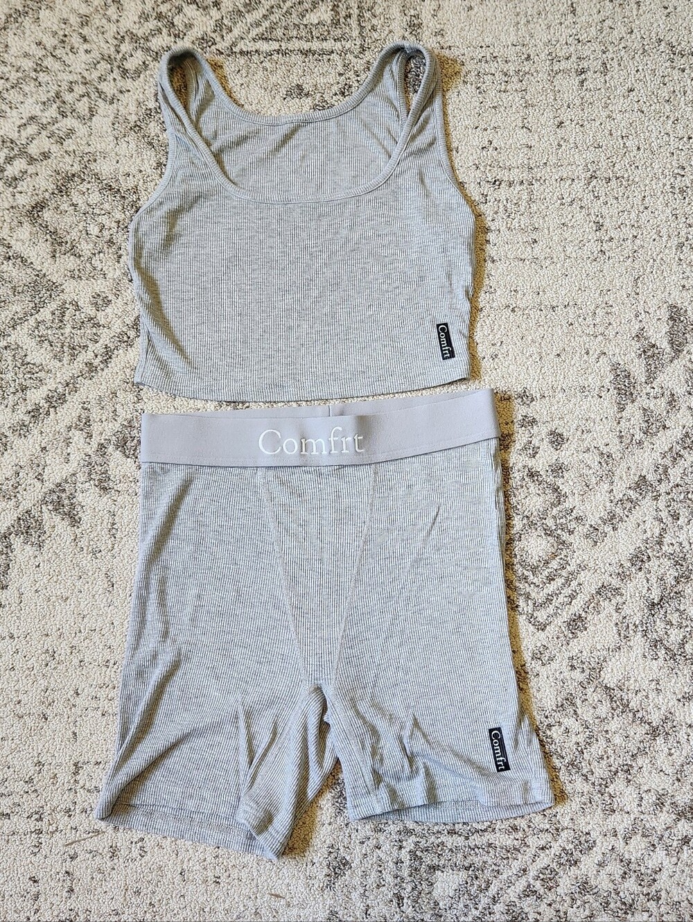 Comfrt Light Gray Ribbed Lounge Set - Tank & Shorts